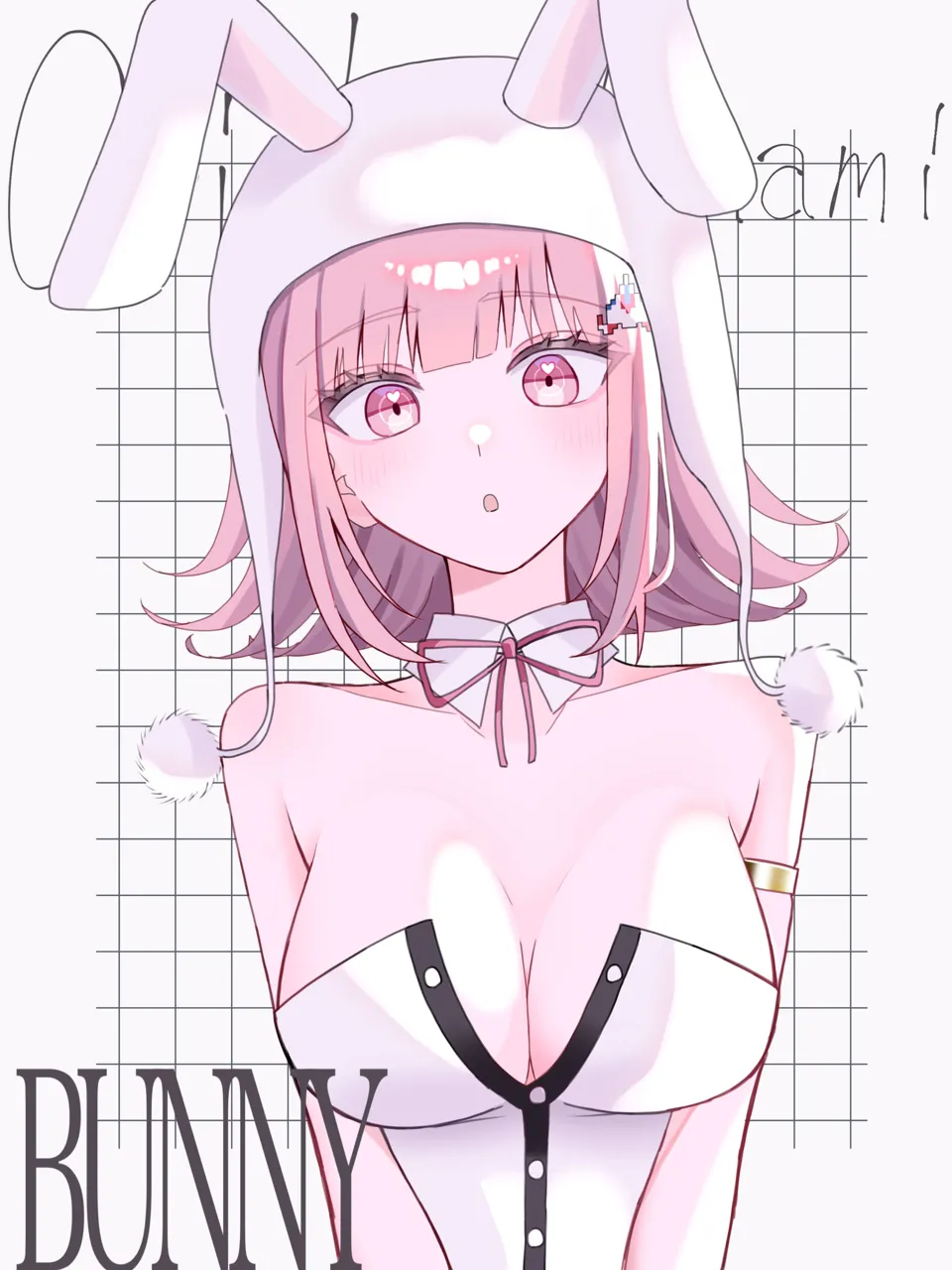 1girl animal_ears blush breasts brown_hair detached_collar fake_animal_ears hair_ornament leotard looking_at_viewer medium_hair neck_ribbon no_mole playboy_bunny rabbit_ears ribbon solo spaceship_hair_ornament strapless strapless_leotard su_no__su_no090 danganronpa__series danganronpa_2__goodbye_despair galaga nanami_chiaki