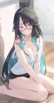 1girl alternate_costume aqua_hair bare_shoulders barefoot between_legs black_bra black_hair black_shorts blue_eyes blunt_ends blurry blurry_background blush bra bra_peek bra_visible_through_clothes breasts camisole casual cleavage collarbone colored_inner_hair depth_of_field dolphin_shorts earrings foot_out_of_frame from_side genshin_impact glasses grin hand_between_legs head_tilt high_ponytail indoors jewelry lace_trim lace_trimmed_bra light_blush light_particles long_hair medium_breasts multicolored_hair on_floor parted_bangs ponytail rang_go rectangular_eyewear red_framed_eyewear reflection see_through_camisole see_through_clothes semi_rimless_eyewear short_shorts shorts sidelocks single_earring sitting smile solo strap_slip swept_bangs tassel tassel_earrings thighs two_tone_hair under_rim_eyewear underwear v_arms very_long_hair white_camisole wide_ponytail wooden_floor xianyun__genshin_impact