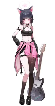 1girl adapted_costume alternate_costume animal_ears asymmetrical_legwear bare_shoulders bass_guitar black_hair black_shoes black_skirt blunt_bangs blush breasts cat_ears choker closed_mouth clothes_around_waist colored_inner_animal_ears colored_inner_hair detached_sleeves electric_bass_guitar extra_ears fender_jazz_bass fretless_bass_guitar full_body gloves guitar halo headphones headphones_around_neck holding holding_guitar holding_instrument instrument jacket jacket_around_waist looking_at_viewer medium_breasts midriff miniskirt multicolored_hair navel official_alternate_costume pencil_skirt pink_hair shoes short_hair simple_background single_thighhigh skindentation skirt socks solo sports_bra standing stomach thighhighs thighs white_background zije blue_archive kazusa__band__blue_archive kazusa__blue_archive