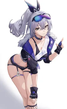 1girl bent_over black_gloves black_jacket black_shorts bow breasts cbmus collarbone crossed_bangs finger_gun fingerless_gloves fur_trim fur_trimmed_jacket gloves goggles goggles_on_head grey_eyes grey_hair hair_bow high_ponytail honkai__series honkai__star_rail jacket long_hair looking_at_viewer midriff navel ponytail shirt short_shorts shorts silver_wolf__honkai__star_rail simple_background single_shoulder_shirt single_strap skindentation small_breasts smile solo thigh_strap thighs white_background