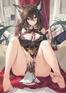 1girl animal_ears bare_shoulders barefoot black_hair blush bracelet breasts catsmoon cleavage closed_mouth feet fox_ears fox_girl full_body green_eyes holding honkai__series honkai__star_rail jewelry large_breasts long_hair looking_at_viewer ponytail sitting smile soles solo thighs tingyun__harmony__honkai__star_rail tingyun__honkai__star_rail toes
