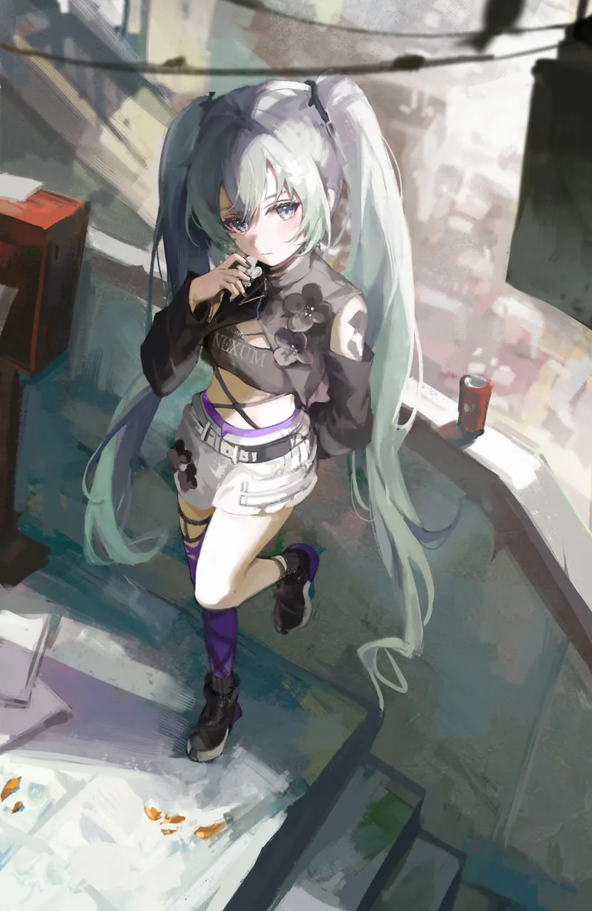 1girl aqua_eyes aqua_hair asymmetrical_legwear belt black_jacket black_nails black_tank_top clothing_cutout crop_top cropped_jacket expressionless from_above full_body grey_shorts hair_between_eyes hand_up jacket leg_up long_hair long_sleeves looking_at_viewer mismatched_legwear nail_polish purple_thighhighs shoes short_shorts shorts shoulder_cutout sidelocks single_thighhigh sneakers solo stairs standing standing_on_one_leg vocaloid tank_top thighhighs twintails very_long_hair mada__shizhou hatsune_miku