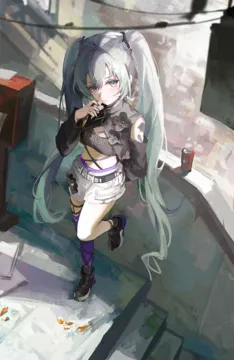 1girl aqua_eyes aqua_hair asymmetrical_legwear belt black_jacket black_nails black_tank_top clothing_cutout crop_top cropped_jacket expressionless from_above full_body grey_shorts hair_between_eyes hand_up jacket leg_up long_hair long_sleeves looking_at_viewer mismatched_legwear nail_polish purple_thighhighs shoes short_shorts shorts shoulder_cutout sidelocks single_thighhigh sneakers solo stairs standing standing_on_one_leg vocaloid tank_top thighhighs twintails very_long_hair mada__shizhou hatsune_miku