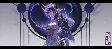 1girl armor breasts cleavage floating_hair from_side grey_background leotard letterboxed long_hair low_tied_long_hair medium_breasts purple_eyes purple_hair purple_leotard shoulder_armor solo standing very_long_hair tyhaya genshin_impact raiden_shogun