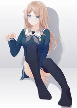 1girl black_socks blue_eyes blue_serafuku blue_shirt blue_skirt breasts brown_hair closed_mouth collarbone grey_neckerchief kneehighs long_hair long_sleeves looking_at_viewer medium_breasts neckerchief no_shoes parted_bangs pleated_skirt sailor_collar school_uniform serafuku shadow shirt sidelocks skirt socks solo tsukinomori_school_uniform white_background white_sailor_collar sasaki3rd bang_dream bang_dream__it_s_mygo nagasaki_soyo__bang_dream