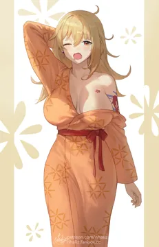 1girl alternate_hairstyle arm_tattoo blonde_hair blush breasts chest_tattoo cleavage genshin_impact hair_between_eyes japanese_clothes kimono large_breasts long_hair looking_at_viewer nhaliz one_eye_closed open_mouth orange_kimono solo tattoo yawning yellow_eyes yoimiya__genshin_impact