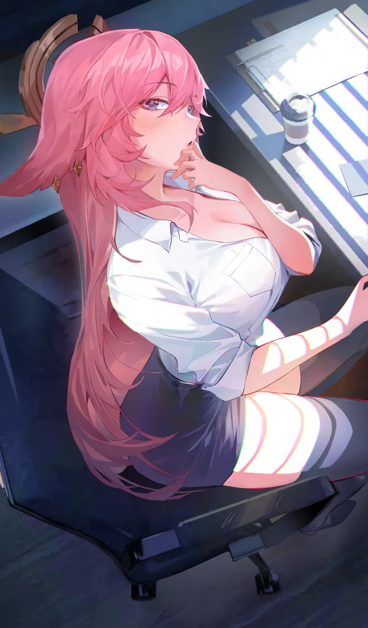 1girl alternate_costume animal_ears arched_back black_footwear black_skirt black_thighhighs blurry blurry_background breast_pocket breasts chair chromatic_aberration cleavage clipboard collared_shirt contemporary cup desk disposable_cup floppy_ears fox_ears from_above genshin_impact hair_between_eyes hair_ornament hand_on_own_chin hand_up headpiece indoors kawa683 large_breasts long_hair looking_at_viewer miniskirt office_chair office_lady on_chair open_mouth partially_unbuttoned pencil_skirt pink_hair pocket purple_eyes shadow shirt shirt_tucked_in sidelighting sitting skirt sleeves_rolled_up solo swivel_chair thighhighs very_long_hair white_shirt window_blinds yae_miko