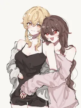 2girls black_camisole black_shorts blonde_hair breasts bright_pupils brown_hair camisole cardigan closed_mouth dolphin_shorts hand_on_another_s_waist long_hair multiple_girls open_mouth orange_eyes pink_sweater red_eyes shorts simple_background smile sweater white_background white_cardigan white_pupils yuri jako_gnsn genshin_impact hu_tao__genshin_impact lumine__genshin_impact
