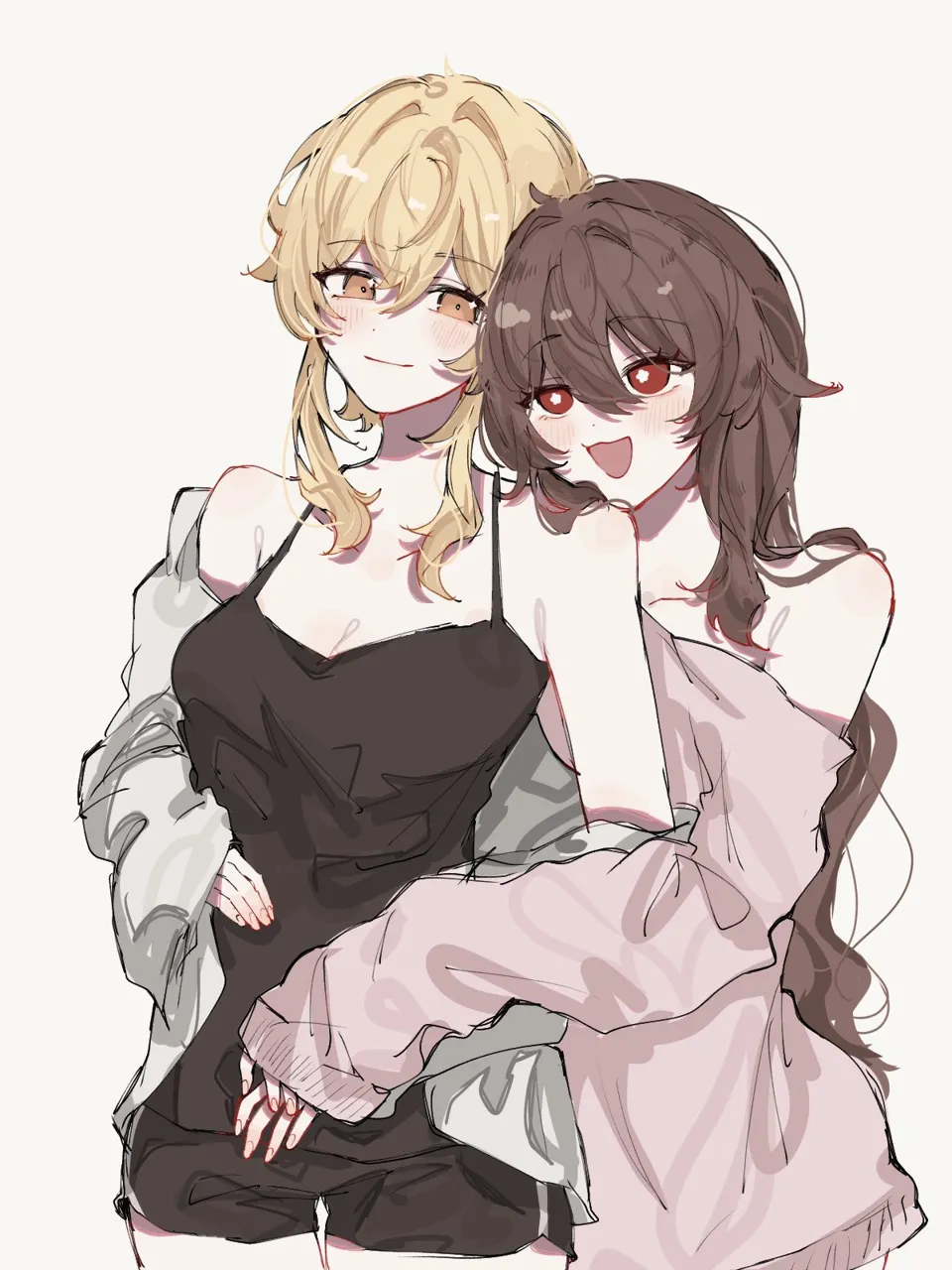 2girls black_camisole black_shorts blonde_hair breasts bright_pupils brown_hair camisole cardigan closed_mouth dolphin_shorts hand_on_another_s_waist long_hair multiple_girls open_mouth orange_eyes pink_sweater red_eyes shorts simple_background smile sweater white_background white_cardigan white_pupils yuri jako_gnsn genshin_impact hu_tao__genshin_impact lumine__genshin_impact