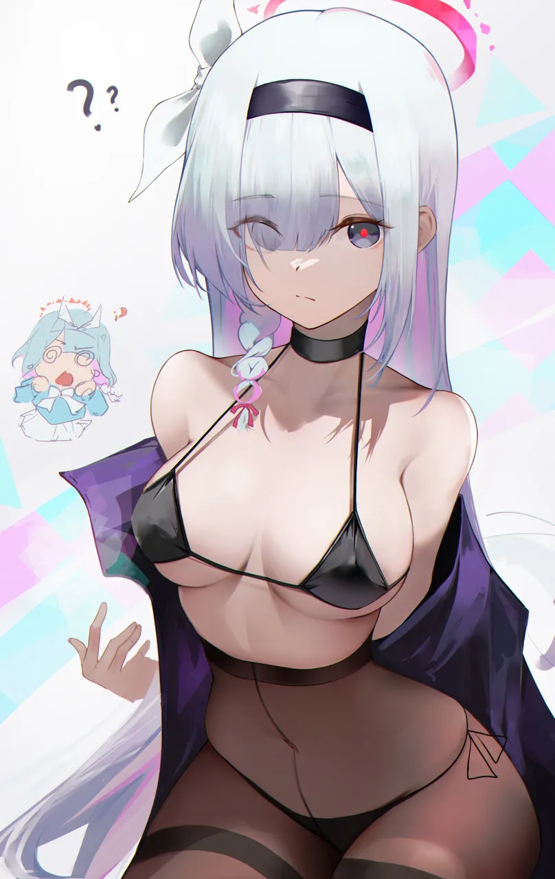 1girl arona__blue_archive artistic_error bikini bikini_under_clothes black_bikini black_hairband blue_archive bow braid breasts choker coat collarbone covered_navel crotch_seam glowing glowing_eye hair_over_one_eye hairband halo high_waist_pantyhose large_breasts long_hair multicolored_hair pantyhose pink_hair plana__blue_archive red_halo side_tie_bikini_bottom single_braid solo swimsuit thighband_pantyhose toki__rumukio very_long_hair white_hair