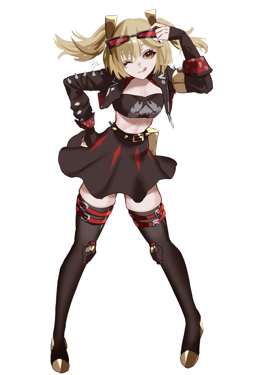 1girl black_jacket black_skirt black_thighhighs blonde_hair crop_top eyewear_on_head full_body high_waist_skirt jacket long_sleeves looking_at_viewer midriff miniskirt one_eye_closed open_clothes open_jacket orange_eyes short_hair simple_background skirt smile solo standing strapless thighhighs tongue tongue_out tube_top two_side_up white_background zettai_ryouiki om_rm1101 zenless_zone_zero burnice_white__zenless_zone_zero