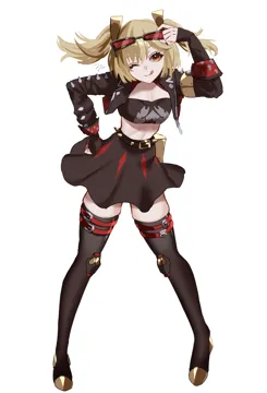 1girl black_jacket black_skirt black_thighhighs blonde_hair crop_top eyewear_on_head full_body high_waist_skirt jacket long_sleeves looking_at_viewer midriff miniskirt one_eye_closed open_clothes open_jacket orange_eyes short_hair simple_background skirt smile solo standing strapless thighhighs tongue tongue_out tube_top two_side_up white_background zettai_ryouiki om_rm1101 zenless_zone_zero burnice_white__zenless_zone_zero