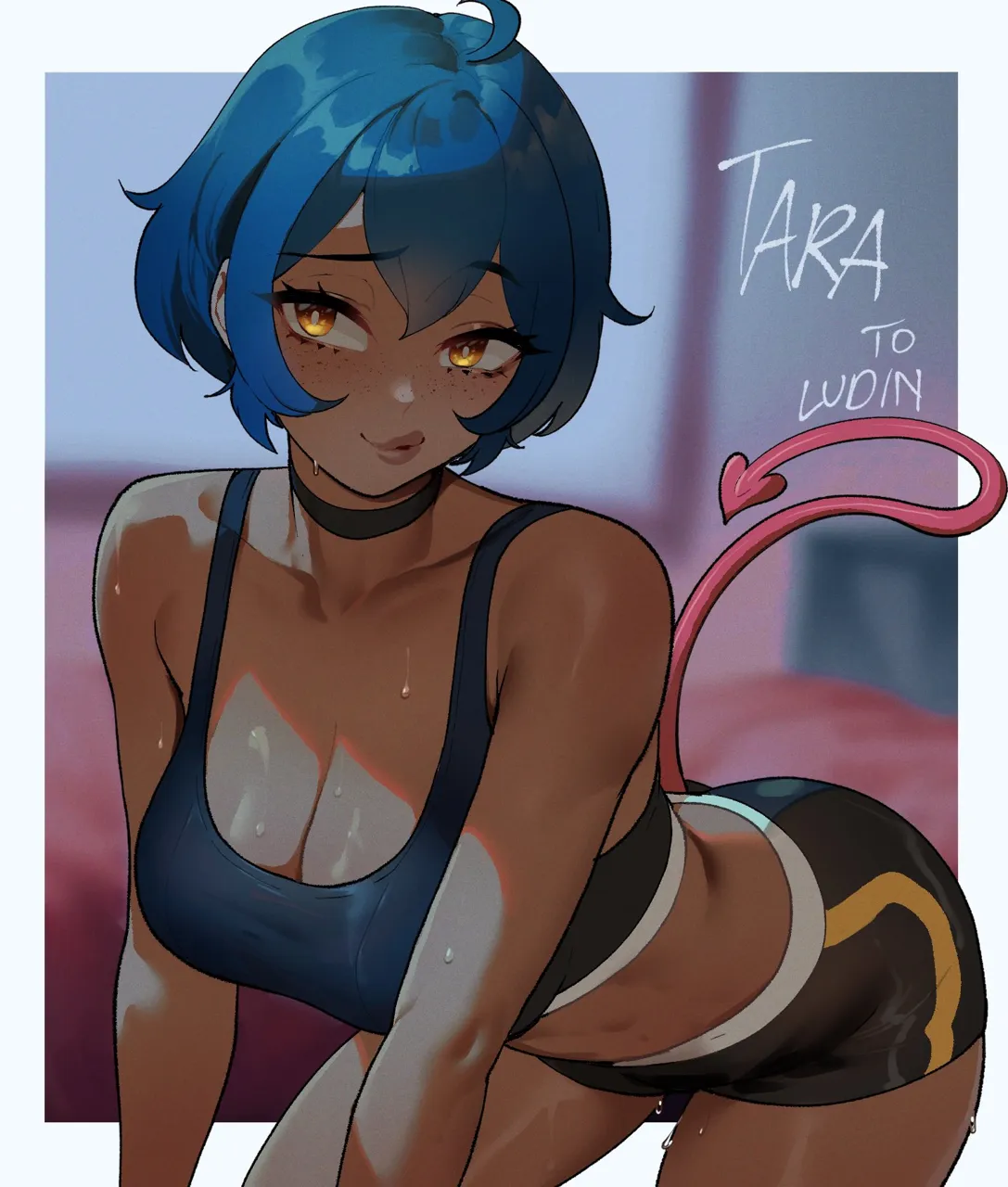 1girl ahoge bare_shoulders black_choker black_sports_bra blue_hair blush borrowed_character breasts choker cleavage collarbone dark_skin dark_skinned_female demon_girl freckles large_breasts looking_at_viewer nyantcha open_mouth short_hair shorts smile solo sports_bra sportswear sweat tail tara__ludinsketches tomboy yellow_eyes