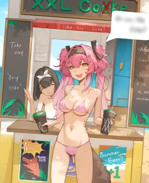 2girls alternate_costume bare_shoulders bikini black_bow black_hairband bow breasts cleavage collarbone cup disposable_cup drinking_straw hair_between_eyes hair_bow hair_ornament hairband holding holding_cup long_hair looking_at_viewer medium_breasts multiple_girls multiple_hair_bows navel open_mouth pink_bikini pink_hair smile stomach string_bikini swimsuit tacet_mark__wuthering_waves tail thighs twintails wolf_tail yellow_eyes sib__9obsl wuthering_waves lupa__wuthering_waves