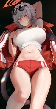 1girl arm_behind_head blue_archive blush braid breasts bubble99 buruma closed_mouth clothes_lift demon_girl demon_tail demon_wings eyewear_on_head gym_uniform halo haruna__blue_archive haruna__track__blue_archive jacket large_breasts long_hair looking_at_viewer lying midriff multicolored_jacket navel official_alternate_costume official_alternate_hairstyle on_back red_buruma red_eyes red_halo red_jacket shirt shirt_lift short_sleeves single_braid single_tail socks solo stomach sunglasses sweat tail thighs track_jacket two_tone_jacket white_hair white_jacket white_shirt white_socks wings