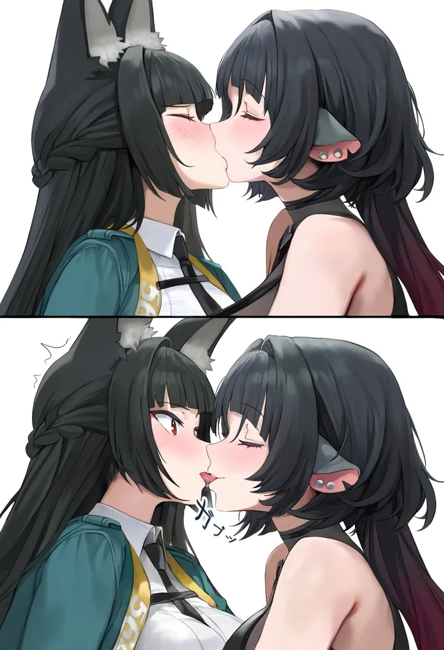 2girls 2koma animal_ear_fluff animal_ears biting_another_s_tongue black_hair blunt_bangs blush closed_eyes comic ear_piercing fox_ears fox_girl french_kiss green_jacket half_up_braid jacket kiss long_hair looking_at_another mouse_ears mouse_girl multiple_girls piercing pulling_tongue red_eyes saliva tongue tongue_out yuri preview__preview0 zenless_zone_zero hoshimi_miyabi__zenless_zone_zero jane_doe__zenless_zone_zero