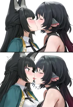 2girls 2koma animal_ear_fluff animal_ears biting_another_s_tongue black_hair blunt_bangs blush closed_eyes comic ear_piercing fox_ears fox_girl french_kiss green_jacket half_up_braid jacket kiss long_hair looking_at_another mouse_ears mouse_girl multiple_girls piercing pulling_tongue red_eyes saliva tongue tongue_out yuri preview__preview0 zenless_zone_zero hoshimi_miyabi__zenless_zone_zero jane_doe__zenless_zone_zero