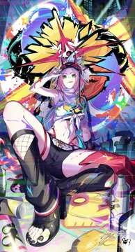 1girl baseball_cap belt black_hat black_shorts bridal_gauntlets crop_top fishnet_bridal_gauntlets fishnet_top fishnets foreshortening green_eyes hat horned_hat jacket long_hair looking_at_viewer midriff navel pink_hair ponytail red_jacket shirt shorts single_sleeve_past_wrist sitting smile solo stomach very_long_hair white_shirt wrist_belt taiju__gr09kuma honkai__star_rail honkai__series rappa__honkai__star_rail