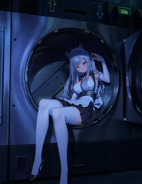 1girl animal_ears apron breasts elbow_gloves fingerless_gloves gloves grey_hair high_heels in_washing_machine long_hair looking_at_viewer maid maid_headdress medium_breasts sitting solo thighhighs waist_apron washing_machine white_apron white_gloves white_thighhighs yellow_eyes xzu bang_dream bang_dream__it_s_mygo togawa_sakiko__bang_dream