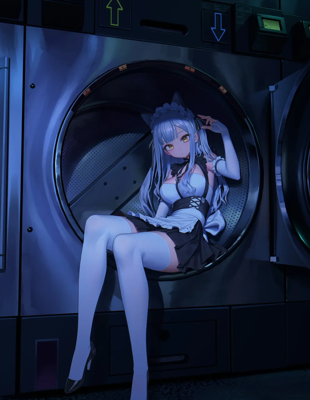1girl animal_ears apron breasts elbow_gloves fingerless_gloves gloves grey_hair high_heels in_washing_machine long_hair looking_at_viewer maid maid_headdress medium_breasts sitting solo thighhighs waist_apron washing_machine white_apron white_gloves white_thighhighs yellow_eyes xzu bang_dream bang_dream__it_s_mygo togawa_sakiko__bang_dream