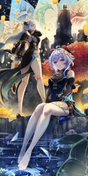 2girls ahoge bare_legs barefoot black_dress black_gloves blue_nails breasts dress floating_hair gloves hair_between_eyes hair_ornament horns long_hair long_sleeves medium_breasts multiple_girls nail_polish official_alternate_costume official_alternate_hairstyle red_eyes see_through_clothes short_hair_with_long_locks side_slit sitting standing thighs very_long_hair white_hair taiju__gr09kuma genshin_impact ganyu__genshin_impact ganyu__twilight_blossom__genshin_impact shenhe__frostflower_dew__genshin_impact shenhe__genshin_impact xianyun__genshin_impact