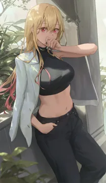 1girl black_choker black_nails black_pants black_shirt blazer blonde_hair blurry breasts choker colored_tips cowboy_shot crop_top denim depth_of_field free_style__yohan1754 hair_between_eyes hand_in_pocket hand_to_own_mouth hand_up jacket jacket_on_shoulders jeans kitagawa_marin leaf leaning_back long_hair looking_at_viewer medium_breasts midriff multicolored_hair nail_polish navel pants pink_hair red_eyes shirt solo sono_bisque_doll_wa_koi_wo_suru standing stomach two_tone_hair white_jacket