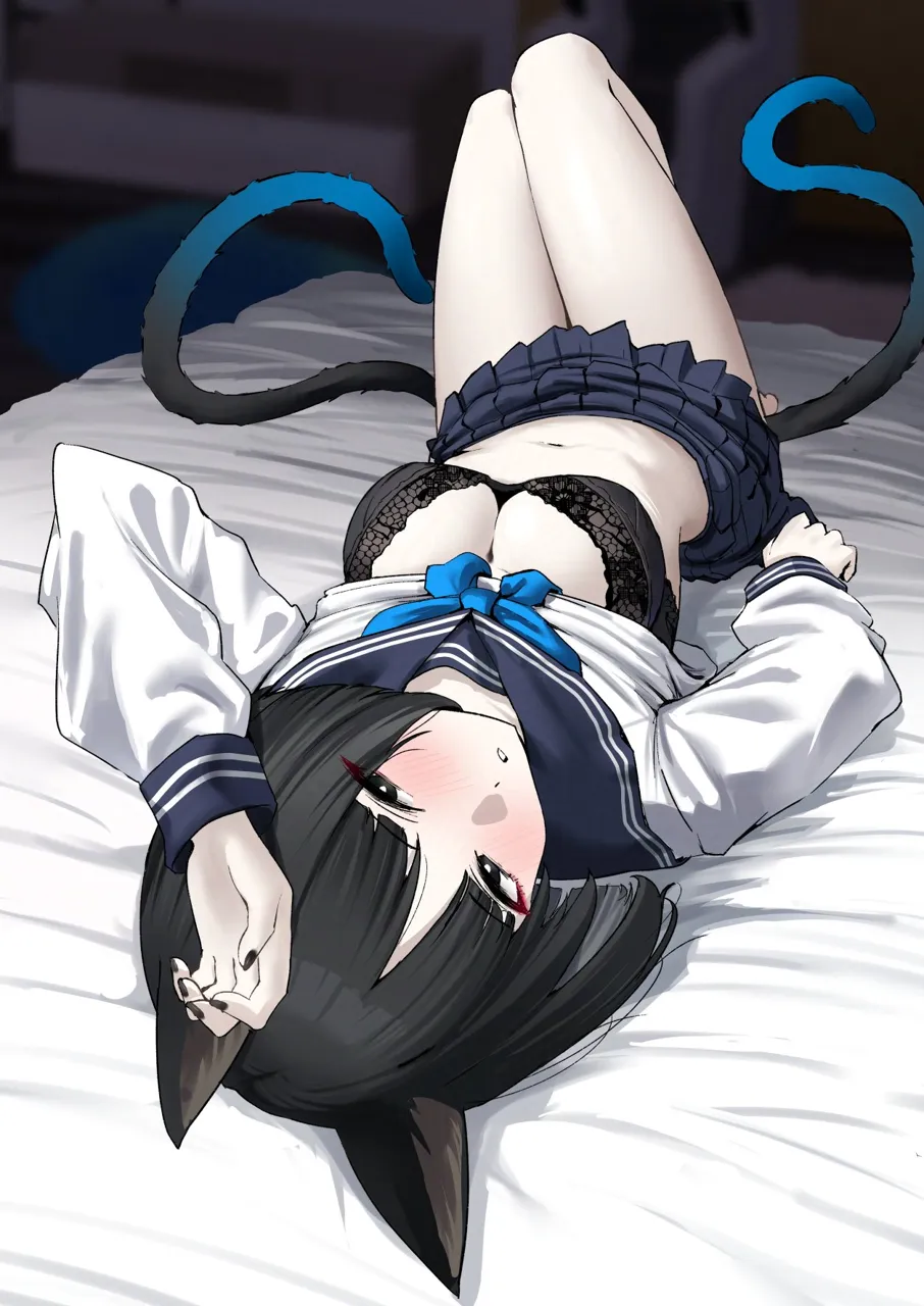1girl animal_ears arm_up bed_sheet black_bra black_eyes black_hair black_nails black_skirt blue_neckerchief blue_sailor_collar blunt_bangs blurry blurry_background blush bob_cut bra breasts bright_pupils cat_ears cat_girl cat_tail cleavage foreshortening from_above full_body indoors knees_up lingerie looking_at_viewer lying miniskirt multiple_tails nail_polish navel neckerchief on_back on_bed parted_lips pleated_skirt sailor_collar school_uniform serafuku short_hair skirt solo straight_hair tail thighs two_tails underwear upside_down white_pupils nichijou__nichijoutouhou blue_archive kikyou__blue_archive