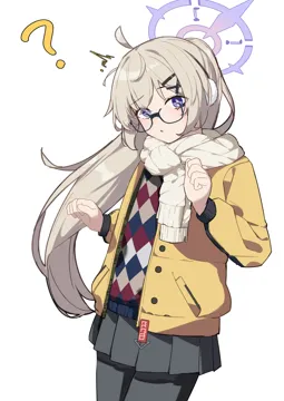 1girl ahoge black_framed_eyewear black_pantyhose black_skirt blonde_hair cowboy_shot glasses hair_ornament hairclip halo jacket long_hair long_sleeves official_alternate_costume open_clothes open_jacket pantyhose parted_lips pleated_skirt ponytail purple_eyes purple_halo scarf simple_background skirt solo white_background white_scarf x_hair_ornament yellow_jacket hijo__nakare2845 blue_archive kotama__blue_archive kotama__camp__blue_archive
