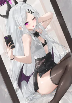 1girl black_bow black_bowtie black_bra black_halo black_horns black_skirt black_thighhighs black_wings bow bowtie bra bracelet cellphone flat_chest halo holding holding_phone horns jewelry long_hair looking_at_viewer one_eye_closed open_clothes open_mouth open_shirt pencil_skirt phone purple_eyes shirt sitting skirt smile solo thighhighs thighs underwear very_long_hair white_hair white_shirt wings dema_hmw blue_archive hina__blue_archive