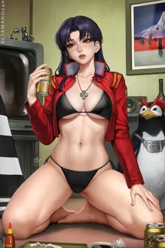 1girl barefoot beer_can bikini bird breasts brown_eyes can cleavage cross cross_necklace drink_can earrings feet full_body greek_cross jacket jewelry katsuragi_misato knees_apart_feet_together legs looking_to_the_side navel necklace neon_genesis_evangelion parted_lips penguin penpen purple_hair red_jacket scar sciamano240 side_tie_bikini_bottom stud_earrings swimsuit television thighs toes toned