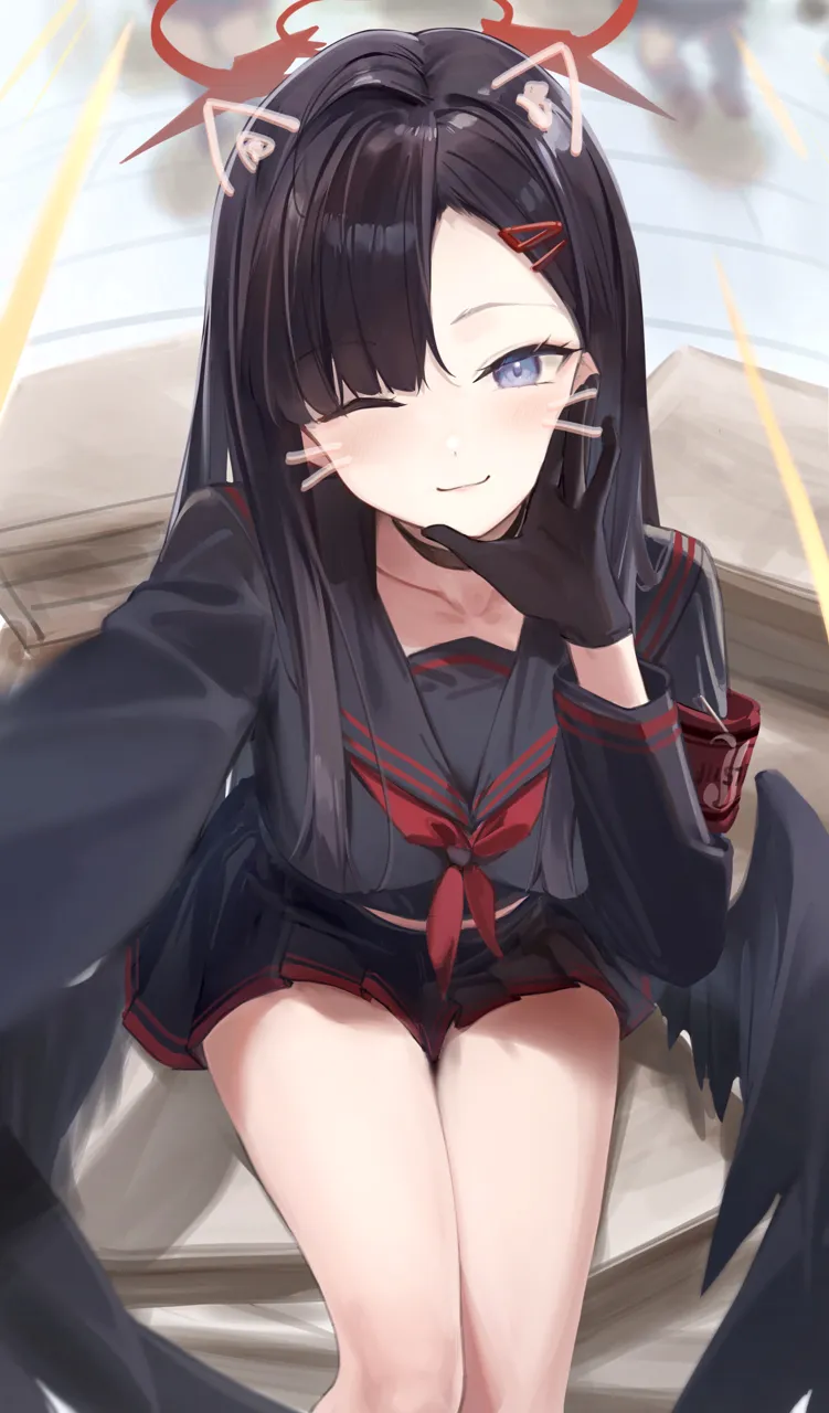 1girl 7gao armband black_choker black_gloves black_hair black_sailor_collar black_serafuku black_skirt black_wings blue_archive blue_eyes breasts choker closed_mouth collarbone drawn_ears drawn_whiskers face_filter feathered_wings feet_out_of_frame from_above gloves hair_ornament hairclip halo hand_on_own_face ichika__blue_archive light_blush long_hair long_sleeves looking_at_viewer low_wings medium_breasts midriff_peek miniskirt neckerchief one_eye_closed outstretched_arm pleated_skirt reaching reaching_towards_viewer red_halo red_neckerchief safety_pin sailor_collar school_uniform selfie serafuku sitting skirt smile solo unusually_open_eyes wings