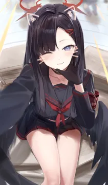 1girl 7gao armband black_choker black_gloves black_hair black_sailor_collar black_serafuku black_skirt black_wings blue_archive blue_eyes breasts choker closed_mouth collarbone drawn_ears drawn_whiskers face_filter feathered_wings feet_out_of_frame from_above gloves hair_ornament hairclip halo hand_on_own_face ichika__blue_archive light_blush long_hair long_sleeves looking_at_viewer low_wings medium_breasts midriff_peek miniskirt neckerchief one_eye_closed outstretched_arm pleated_skirt reaching reaching_towards_viewer red_halo red_neckerchief safety_pin sailor_collar school_uniform selfie serafuku sitting skirt smile solo unusually_open_eyes wings