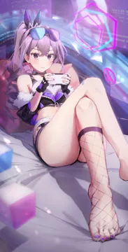 1girl bare_legs bare_shoulders black_gloves black_jacket black_shorts blush boots bow breasts cheosnuni closed_mouth crop_top crossed_bangs crossed_legs eyewear_on_head feet fingerless_gloves fishnet_socks fishnets foot_out_of_frame gloves grey_eyes grey_hair holographic_interface honkai__series honkai__star_rail jacket legs long_hair looking_at_viewer lying midriff nail_polish navel no_shoes on_back ponytail shorts silver_wolf__honkai__star_rail single_sock sitting socks solo thighs toenail_polish toenails toes