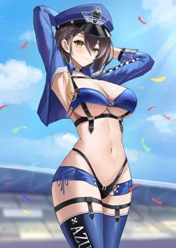 1girl azur_lane baltimore__azur_lane baltimore__finish_line_flagbearer__azur_lane blue_sky blue_thighhighs breasts brown_hair choker closed_mouth confetti day hai_binggan hat large_breasts navel official_alternate_costume outdoors peaked_cap police_hat race_queen short_hair shrug__clothing sky smile solo stomach thighhighs yellow_eyes