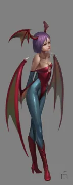 1girl bare_shoulders boots breasts cleavage collarbone full_body head_wings high_heel_boots high_heels leotard looking_up medium_breasts navel pantyhose purple_hair red_eyes red_leotard short_hair simple_background skin_tight solo wings midfinger darkstalkers lilith__darkstalkers