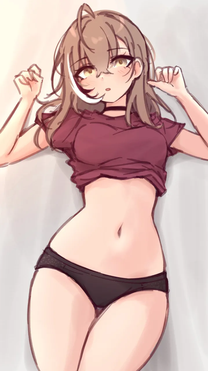 _o 1girl ahoge alternate_costume black_choker black_hair black_panties breasts brown_eyes brown_hair choker clothes_lift grey_background hair_down hands_up hololive hololive_english long_hair looking_at_viewer m_r_b medium_breasts multicolored_hair nanashi_mumei navel panties parted_lips red_shirt shirt shirt_lift simple_background sketch solo streaked_hair underwear virtual_youtuber white_hair