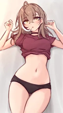 _o 1girl ahoge alternate_costume black_choker black_hair black_panties breasts brown_eyes brown_hair choker clothes_lift grey_background hair_down hands_up hololive hololive_english long_hair looking_at_viewer m_r_b medium_breasts multicolored_hair nanashi_mumei navel panties parted_lips red_shirt shirt shirt_lift simple_background sketch solo streaked_hair underwear virtual_youtuber white_hair