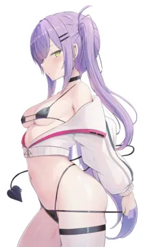 1girl bikini black_bikini black_tail blush breasts cowboy_shot cropped_jacket demon_girl demon_tail from_side green_eyes jacket long_hair purple_hair simple_background small_breasts solo swimsuit tail twintails very_long_hair virtual_youtuber white_background white_jacket nekonosuke hololive tokoyami_towa__hololive