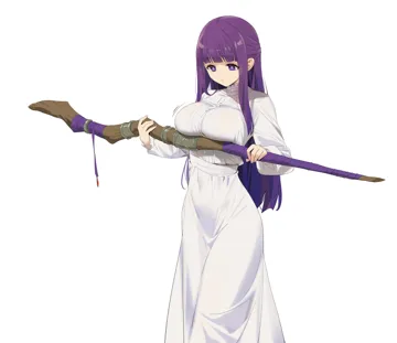 1girl blunt_bangs breast_press breast_rest breasts carried_breast_rest carrying closed_mouth covered_navel dress fern__sousou_no_frieren holding holding_staff large_breasts long_sleeves mage_staff purple_eyes purple_hair sidelocks simple_background sousou_no_frieren staff standing white_background white_dress yd__orange_maru