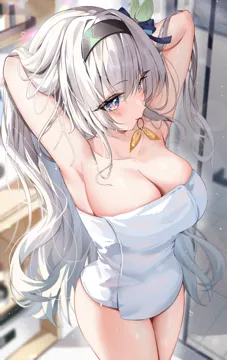 1girl alternate_breast_size arlene__ju armpits arms_behind_head arms_up black_hairband blue_eyes blurry blurry_background blush breasts cleavage closed_mouth collarbone cowboy_shot firefly__honkai__star_rail grey_hair hair_intakes hair_tie_in_mouth hairband honkai__series honkai__star_rail large_breasts long_hair mouth_hold naked_towel purple_eyes sidelocks solo standing thighs towel wet