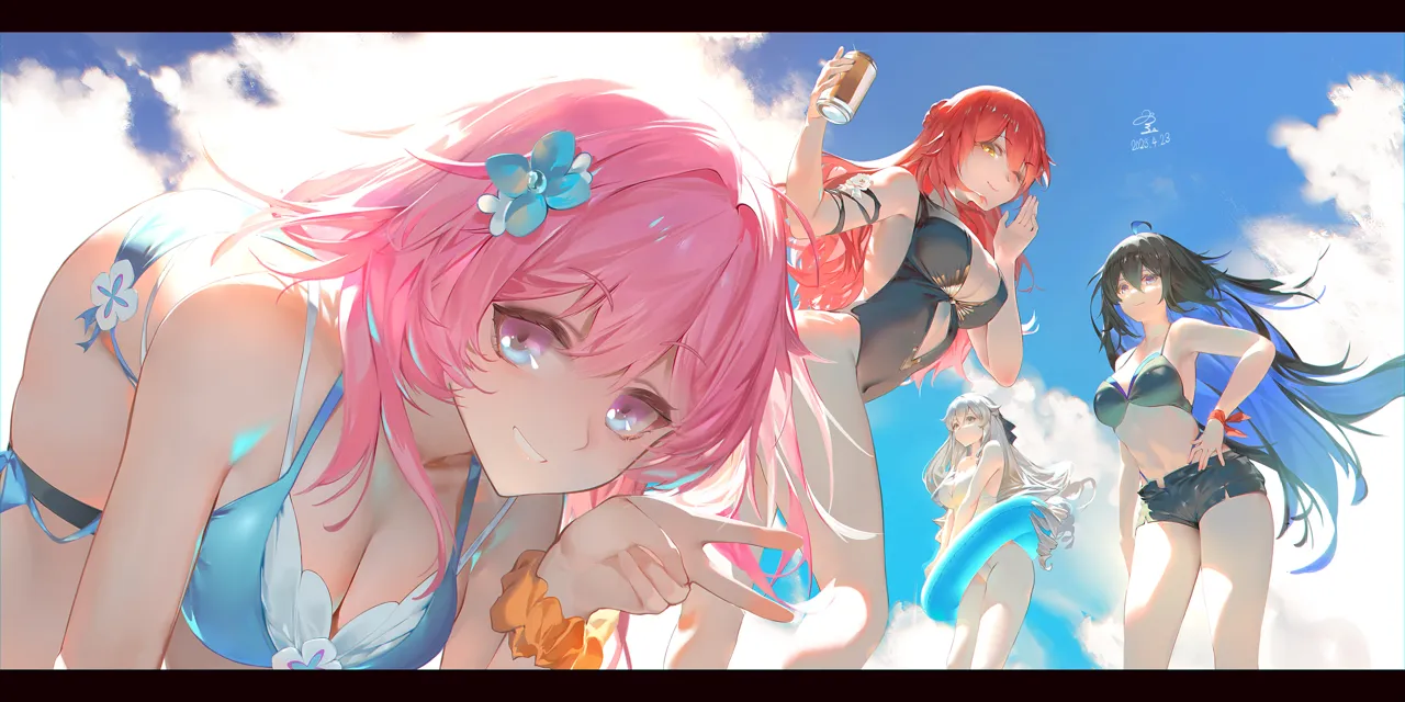 4girls bikini black_bikini black_hair black_one_piece_swimsuit black_shorts blue_bikini blue_eyes blue_hair breasts casual_one_piece_swimsuit cleavage cloud cloudy_sky colored_inner_hair dated day hair_between_eyes innertube large_breasts long_hair multicolored_hair multiple_girls one_piece_swimsuit outdoors pink_eyes pink_hair red_hair scrunchie short_sleeves shorts signature sky swim_ring swimsuit very_long_hair white_hair wrist_scrunchie yellow_eyes ribao honkai__star_rail honkai__series bronya_rand himeko__honkai__star_rail march_7th__honkai__star_rail seele__honkai__star_rail