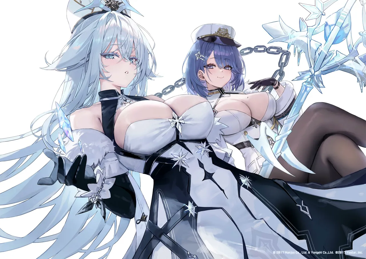 2girls azur_lane blue_hair breasts capelet chapayev__azur_lane coat coat_dress colored_eyelashes dress freng fur_capelet fur_trim fur_trimmed_coat hat holding holding_scepter ice_crystal long_bangs military_hat mole mole_on_breast multiple_girls pantyhose scepter simple_background sovetsky_soyuz__azur_lane white_background white_hair