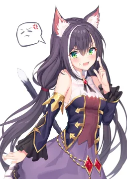 1girl anger_vein animal_ear_fluff animal_ears bare_shoulders black_hair blush breasts cat_ears cat_girl cat_tail cowboy_shot detached_sleeves dress fang food food_on_face food_on_hand frilled_sleeves frills gem green_eyes hair_tie index_finger_raised long_hair long_sleeves low_twintails multicolored_dress multicolored_hair open_mouth pout red_gemstone simple_background small_breasts solo spoken_anger_vein streaked_hair tail twintails v_shaped_eyebrows very_long_hair white_background white_hair angel_no_shousou princess_connect karyl__princess_connect
