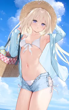_o 1girl arm_behind_head arm_up armpits bare_shoulders basket bikini bikini_under_clothes bikini_under_shorts blonde_hair blue_shorts blush breasts collarbone cowboy_shot hand_on_headwear hand_up hat holding holding_basket long_hair long_sleeves looking_at_viewer melonbooks navel open_clothes open_shorts outdoors parted_lips picnic_basket purple_eyes short_shorts shorts small_breasts solo stomach straw_hat swimsuit thighs white_bikini mignon
