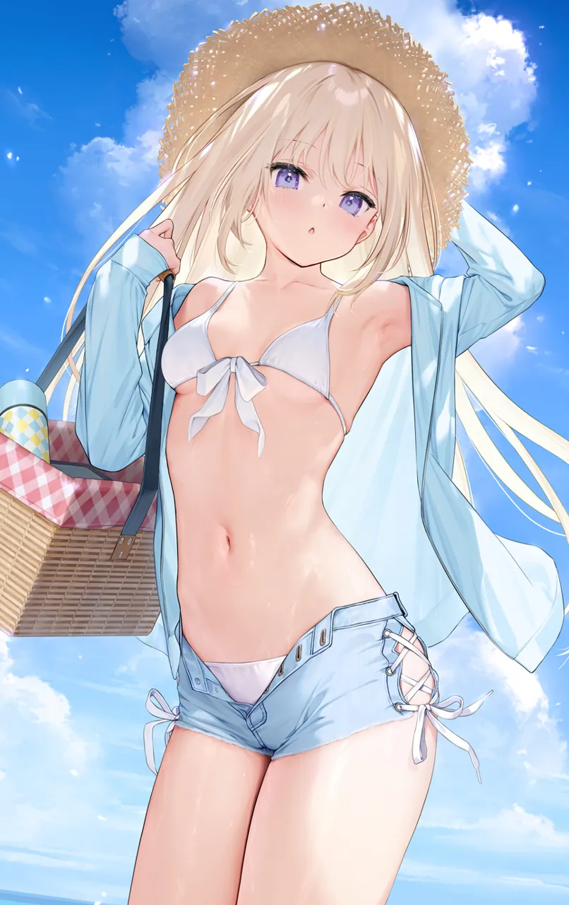 _o 1girl arm_behind_head arm_up armpits bare_shoulders basket bikini bikini_under_clothes bikini_under_shorts blonde_hair blue_shorts blush breasts collarbone cowboy_shot hand_on_headwear hand_up hat holding holding_basket long_hair long_sleeves looking_at_viewer melonbooks navel open_clothes open_shorts outdoors parted_lips picnic_basket purple_eyes short_shorts shorts small_breasts solo stomach straw_hat swimsuit thighs white_bikini mignon