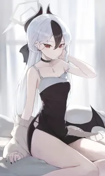 1girl black_choker black_dress black_hair black_horns black_nails black_wings breasts choker closed_mouth demon_horns demon_wings dress ear_piercing earrings feet_out_of_frame fingernails grey_hair grey_halo grey_jacket hair_between_eyes halo horns jacket jewelry long_hair long_sleeves looking_at_viewer multicolored_hair nail_polish official_alternate_costume open_clothes open_jacket piercing red_eyes single_wing small_breasts solo wings jiang_zhuti_jiojio blue_archive kayoko__blue_archive kayoko__dress__blue_archive