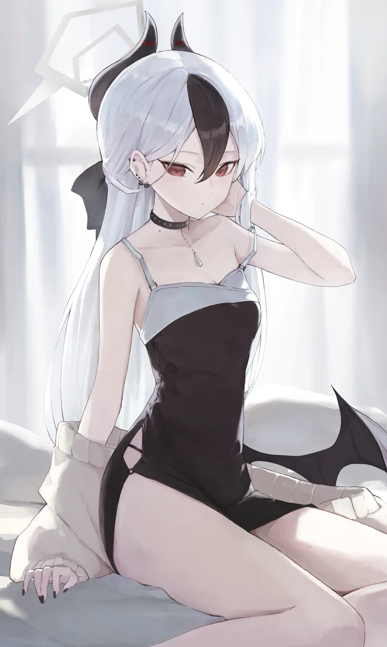 1girl black_choker black_dress black_hair black_horns black_nails black_wings breasts choker closed_mouth demon_horns demon_wings dress ear_piercing earrings feet_out_of_frame fingernails grey_hair grey_halo grey_jacket hair_between_eyes halo horns jacket jewelry long_hair long_sleeves looking_at_viewer multicolored_hair nail_polish official_alternate_costume open_clothes open_jacket piercing red_eyes single_wing small_breasts solo wings jiang_zhuti_jiojio blue_archive kayoko__blue_archive kayoko__dress__blue_archive