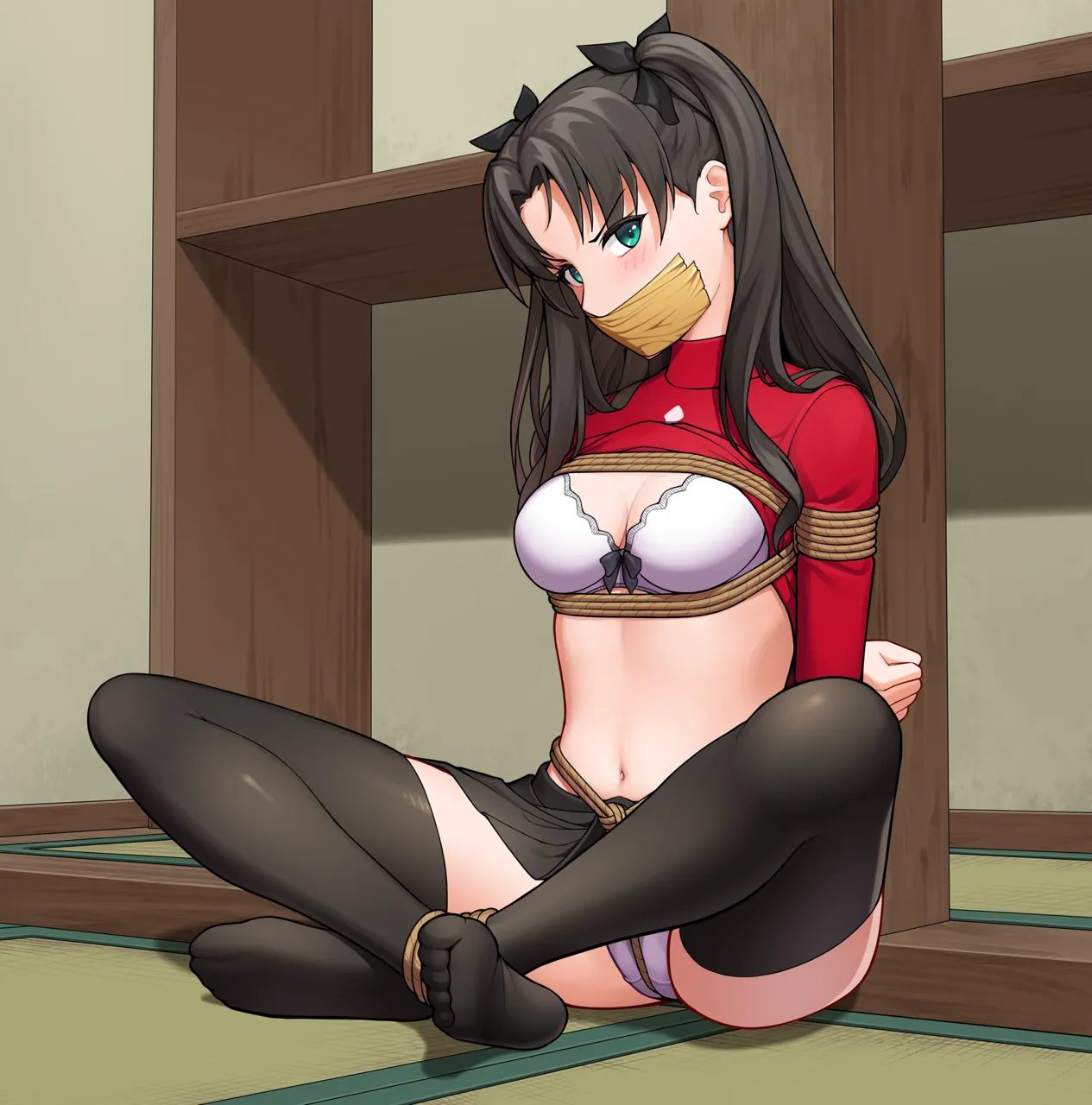1girl arms_behind_back bdsm black_bow black_hair black_panties black_thighhighs blush bondage bound bound_ankles bound_arms bow bra breasts cleavage clothes_lift covered_mouth crossed_ankles crotch_rope feet full_body gag gagged green_eyes hair_bow improvised_gag indoors long_hair long_sleeves medium_breasts miniskirt multicolored_hair navel no_shoes on_floor panties pantyshot parted_bangs red_sweater rope shelf shibari shibari_over_clothes sitting skirt solo spread_legs sweater sweater_lift tape tape_gag tatami thighhighs two_tone_hair underwear upskirt v_shaped_eyebrows white_bra white_panties gbeeee fate_stay_night fate__series tohsaka_rin