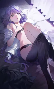 1girl black_bra black_panties black_pantyhose blue_eyes blue_hair bra breasts clothes_pull curtains eyelash_ornament furina__genshin_impact genshin_impact grey_hair hair_between_eyes head_on_pillow indoors kawa683 knees_up long_hair looking_at_viewer lying mismatched_pupils multicolored_hair off_shoulder on_back open_clothes open_mouth open_shirt panties pantyhose pantyhose_pull shirt sidelighting small_breasts solo underwear white_shirt