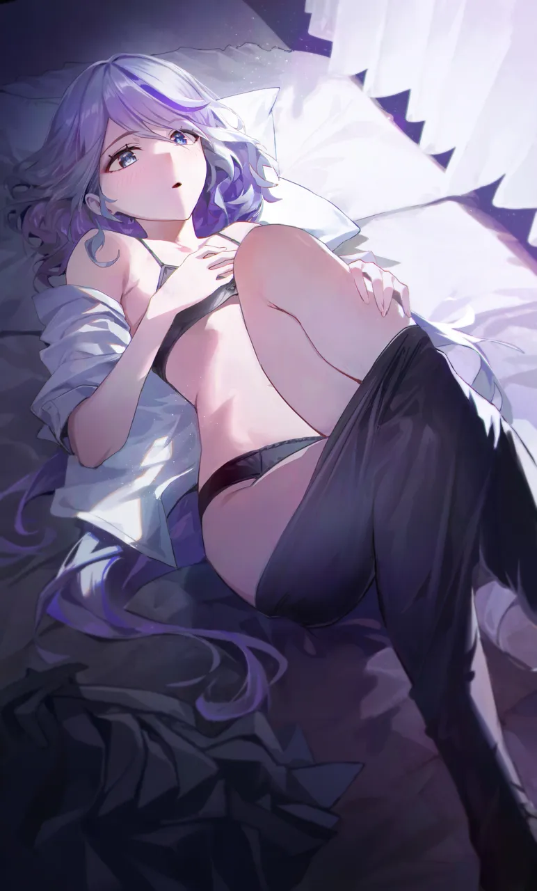 1girl black_bra black_panties black_pantyhose blue_eyes blue_hair bra breasts clothes_pull curtains eyelash_ornament furina__genshin_impact genshin_impact grey_hair hair_between_eyes head_on_pillow indoors kawa683 knees_up long_hair looking_at_viewer lying mismatched_pupils multicolored_hair off_shoulder on_back open_clothes open_mouth open_shirt panties pantyhose pantyhose_pull shirt sidelighting small_breasts solo underwear white_shirt